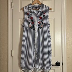 Sleeveless Blue & White Stripe Shirt Dress with Floral Embroidery